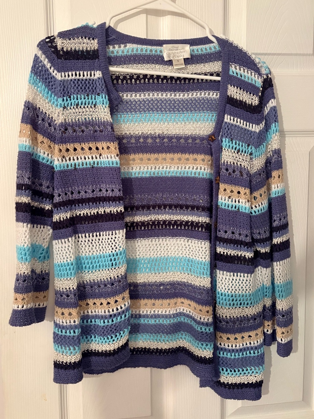 Christopher & Banks Crochet Stripe Open-Front Sweater Cardigan Blue Multi
Size S